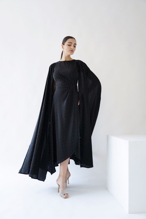 Black cape sleeves dress with studs