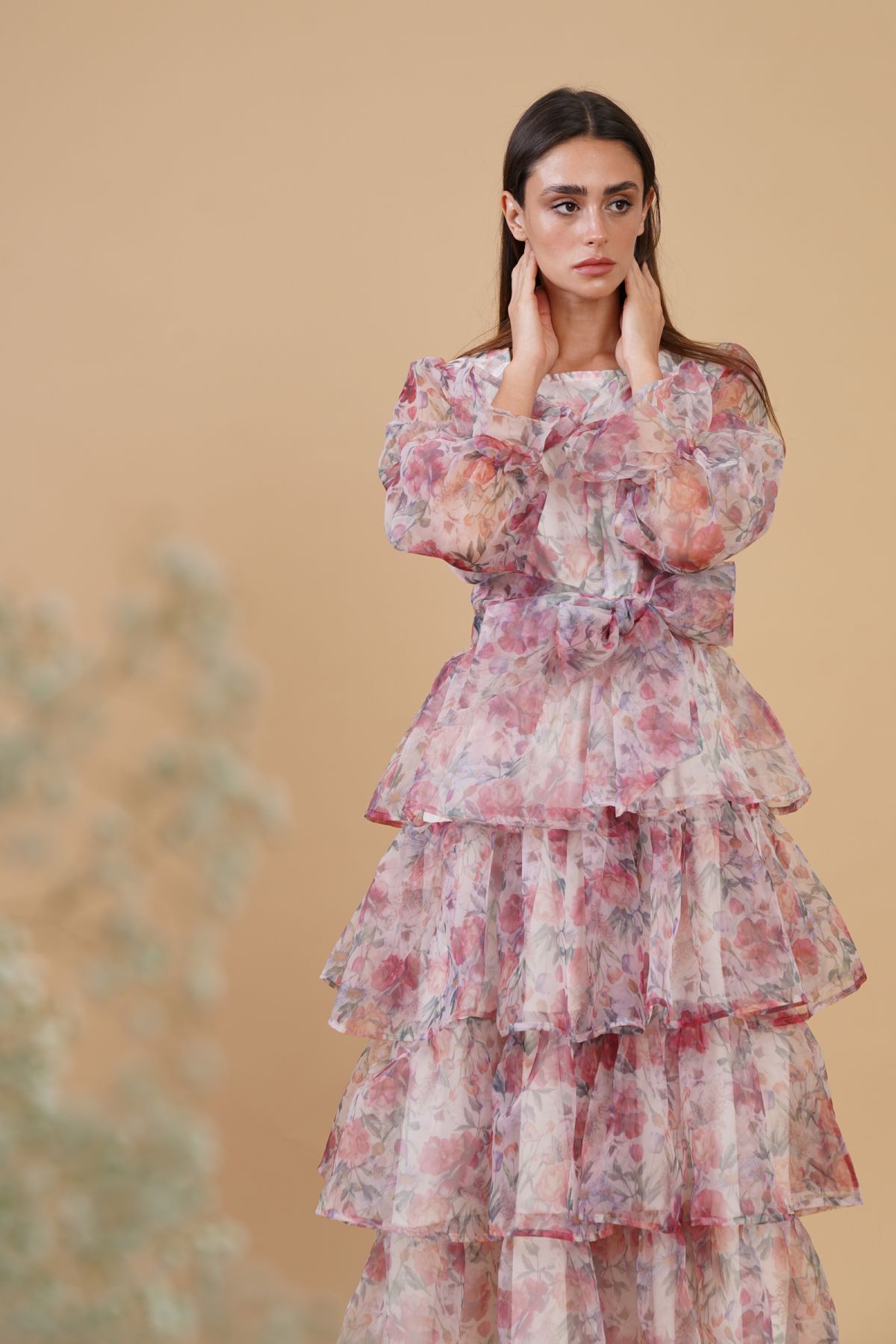 Long Sleeves Organza Floral Dress with Ruffles Le Merge