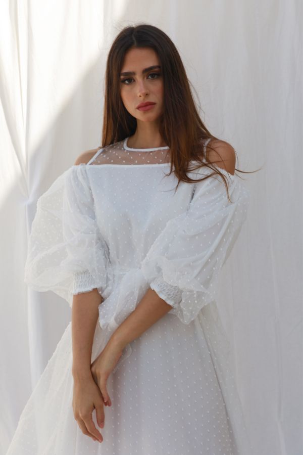 White Cold Shoulder Dress With Puff Sleeves