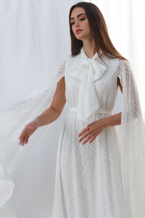 White Cape Sleeves Dress with Bow