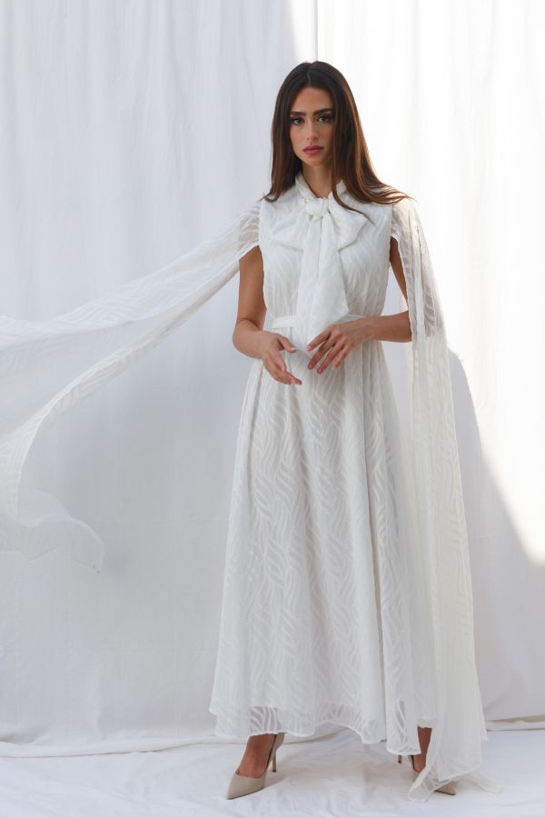 White Cape Sleeves Dress with Bow