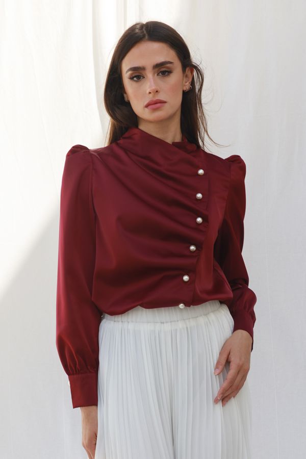 Burgundy Gathered Shirt with Pearl Buttons - Le Merge