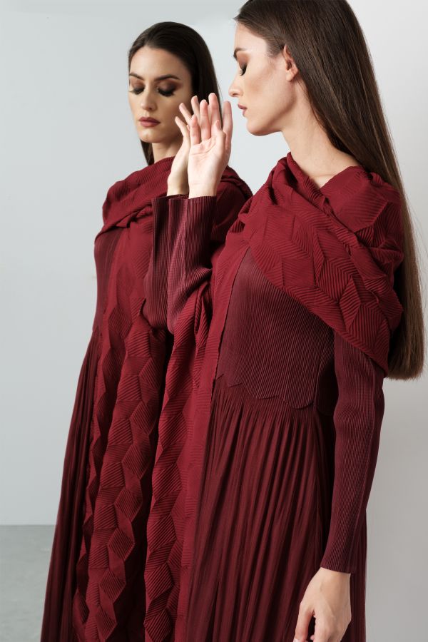 Pleated Burgundy Dress With Scarf 