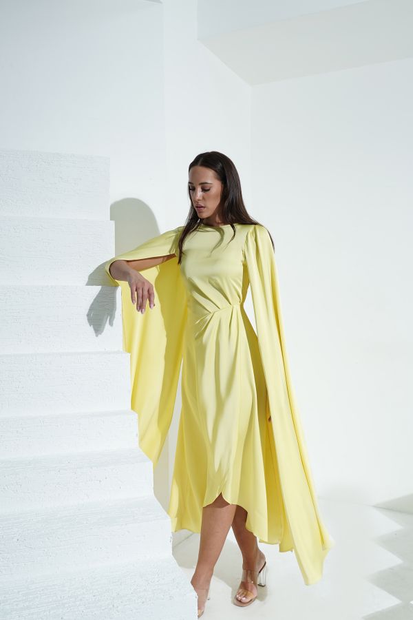 Yellow Gathered Waist Dress With Cape Sleeves