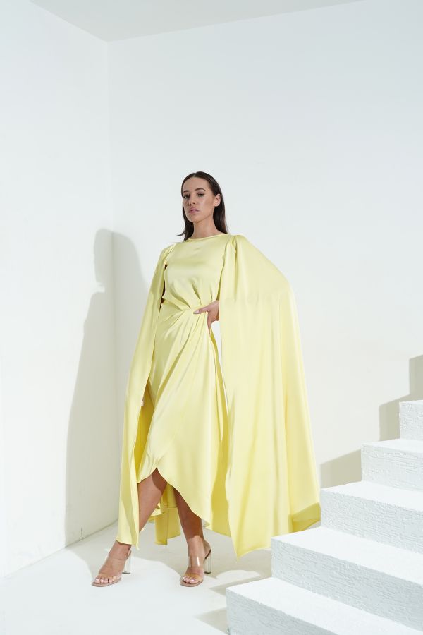 Yellow Gathered Waist Dress With Cape Sleeves