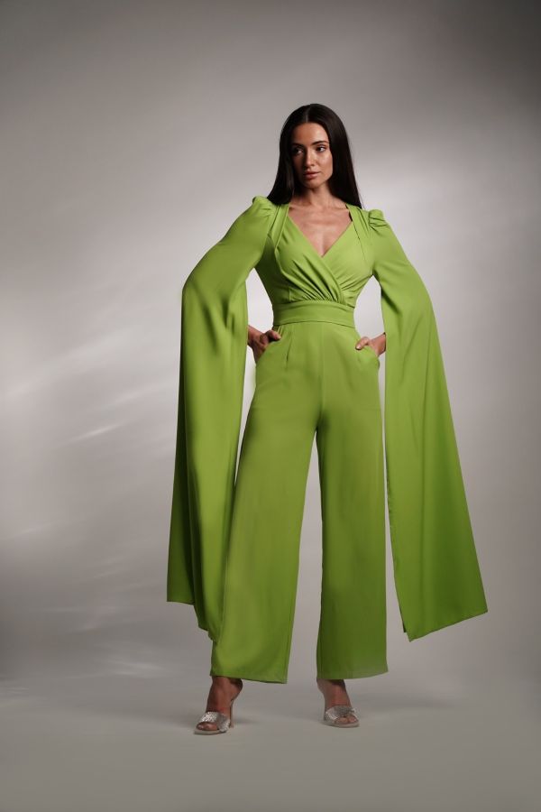 Green jumpsuit with cape sleeves